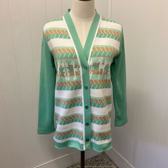 Vintage Women’s 12 Green Holiday Christmas Cardigan Sweater Granny USA - Picture 1 of 13